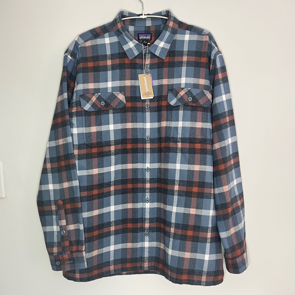 Patagonia Organic Cotton Fjord Midweight Plaid Shirt – Blue and Orange, XL